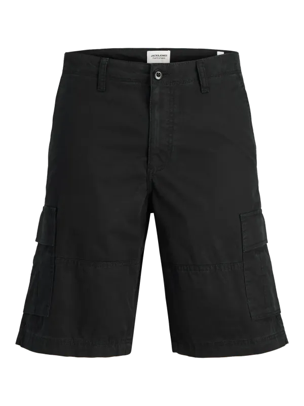 Bermuda Cargo Nero Scuro uomo relax Fit Pantaloncini Neri con tasconi Vita media 100% Cotone Jack&Jones JPSTCOLE MATEO CARGO BLack art. 12274389