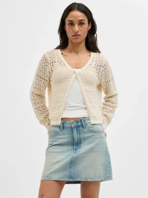 Cardigan Beige Donna maniche lunghe  Maglia traforata crochet lavorato  coprispalle leggero morbido sabbia white bone  JJXX JXSABRINA CARDIGAN KNIT art. 12275489