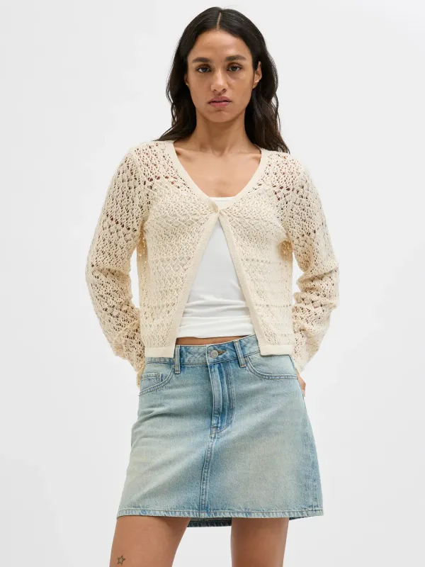 Cardigan Beige Donna maniche lunghe  Maglia traforata crochet lavorato  coprispalle leggero morbido sabbia white bone  JJXX JXSABRINA CARDIGAN KNIT art. 12275489