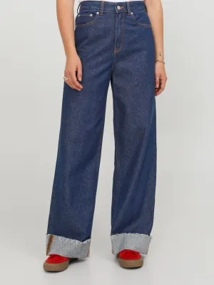 Jeans Largo Blu Donna Medio Blue fondo ampio Palazzo con piegone  Vita Alta Tokyo Wide fit 5 tasche lavaggio blu medio JXTOKYO FOLD R6055 art. 12236443