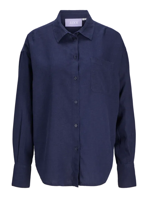Camicia in Lino Blu Donna Over size Fit in viscosa Lino Popeline Peacot Blu navy JJXX JXJAMIE BREEZE SUMMER LS SHIRT art. 12269668