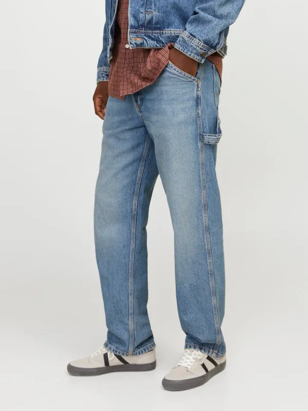 Jeans Stonewash Gamba Larga Uomo Loose Fit Tasche Carpenter Utility Pantaloni Denim Larghi Wide  Vita Alta Denim washed Jack & Jones EDDIE JJCARPENTER  SBD 416 art. 12261926