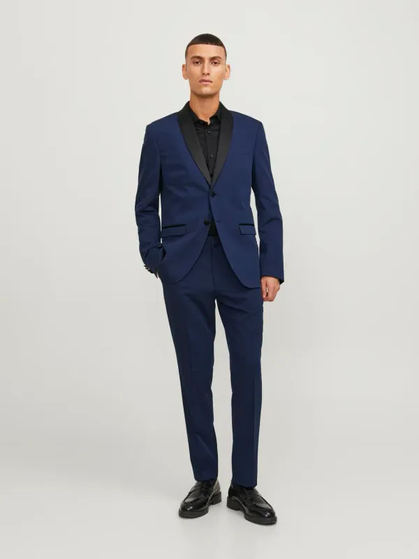 Abito Blu Uomo smoking Tuxedo Blue Medio completo 2 pezzi Slim fit giacca 2 bottoni Rever Contrasto pantalone slim Jack&Jones JPRFRANCO TUX Completo Suite art. 12220012