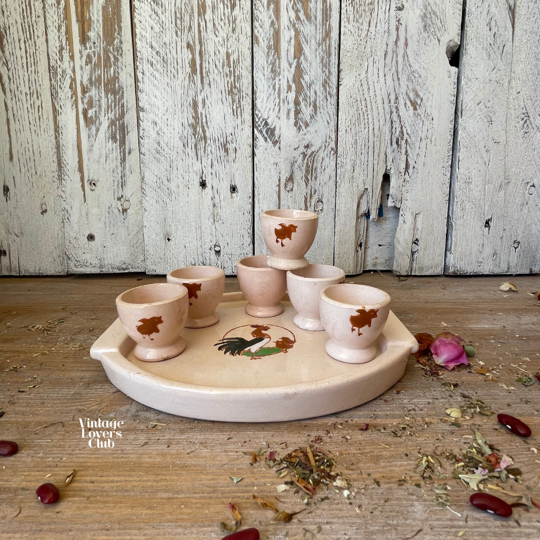 Longwy Tray with Decorated Egg Cups