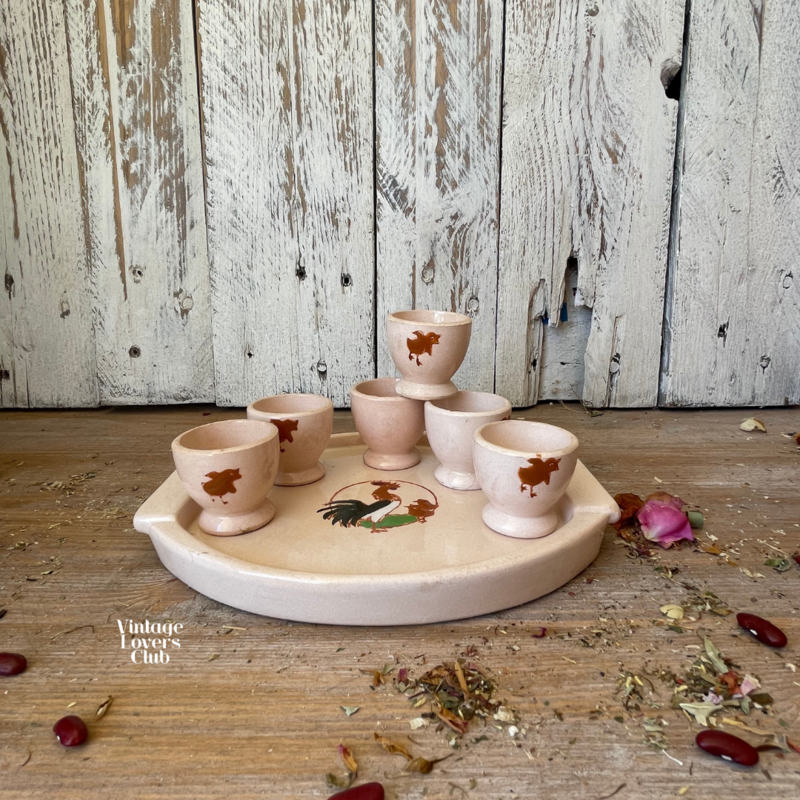 Longwy Tray with Decorated Egg Cups