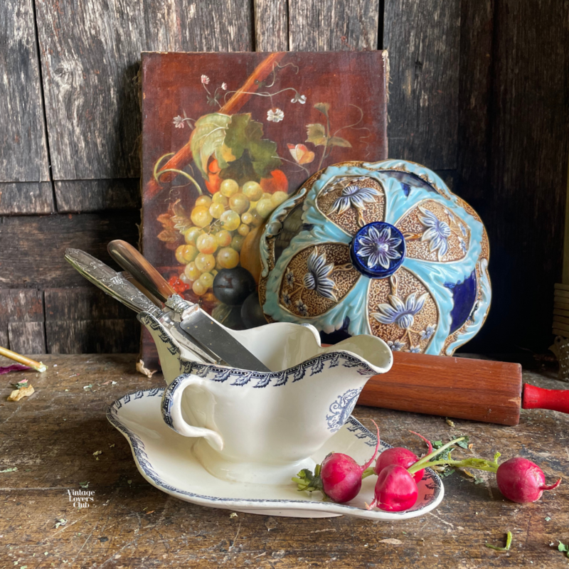 Luneville Blue Greek Key gravy boat