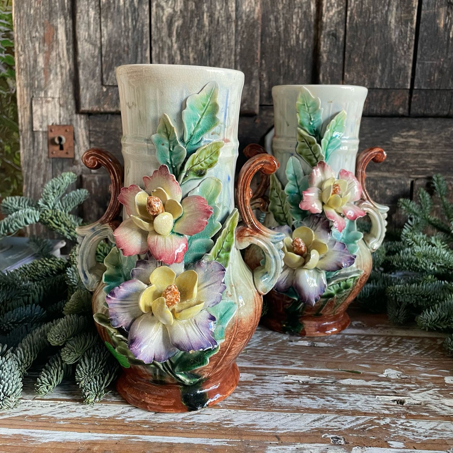 Pair of Art Nouveau Barbotine Vases