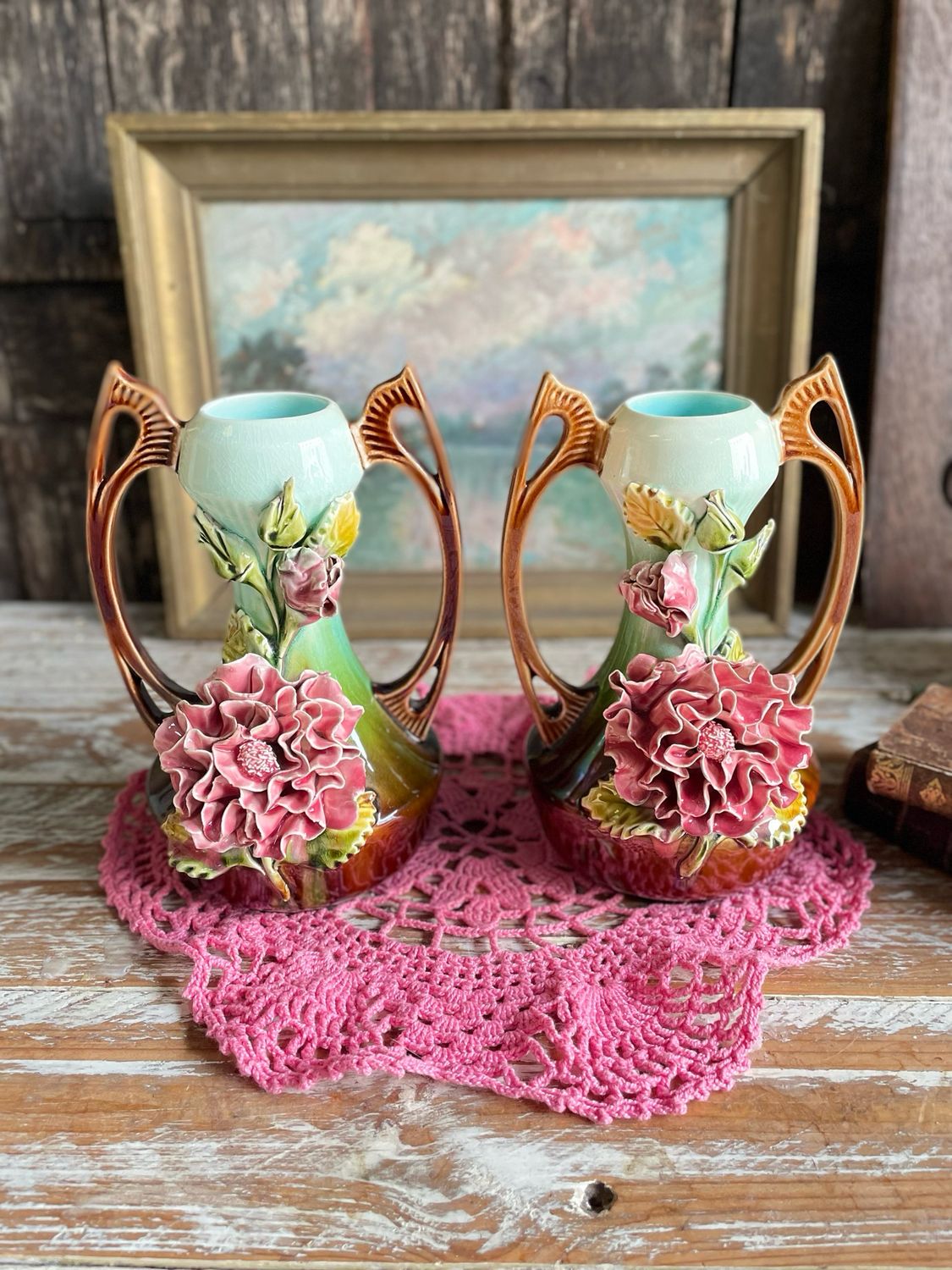 Pair of Barbotine Vases