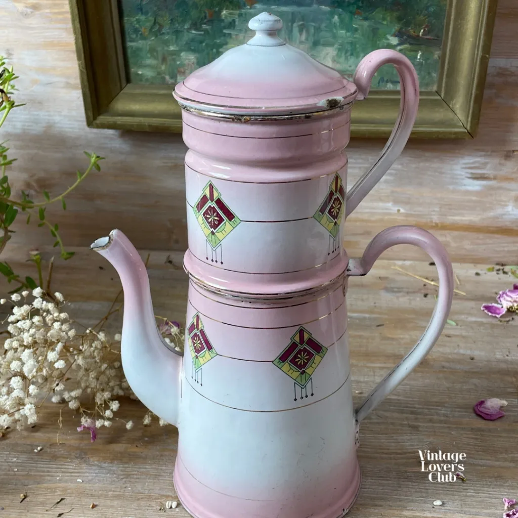 French Pink Enameled Tin Coffee Pot