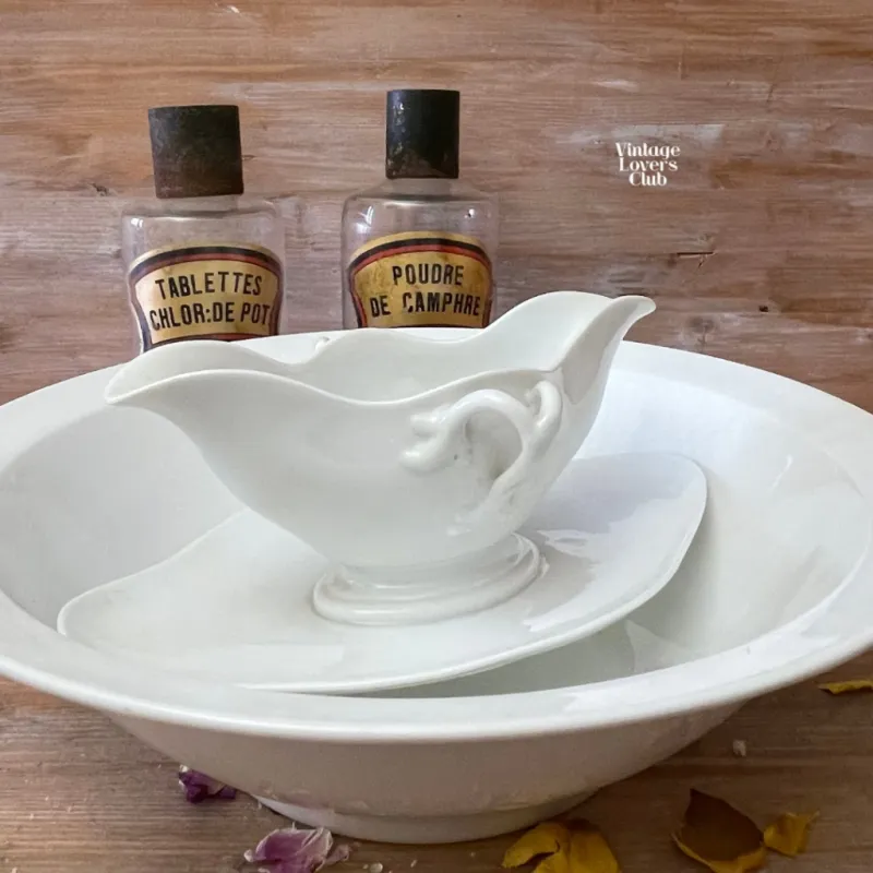 Vintage Porcelain Gravy Boat with Woven Handles