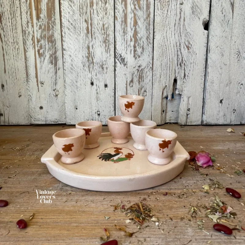 Longwy Tray with Decorated Egg Cups