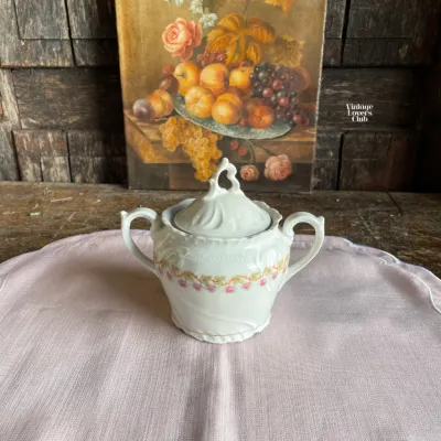 Sugar Bowl with Pink Blossoms and Green Leaves