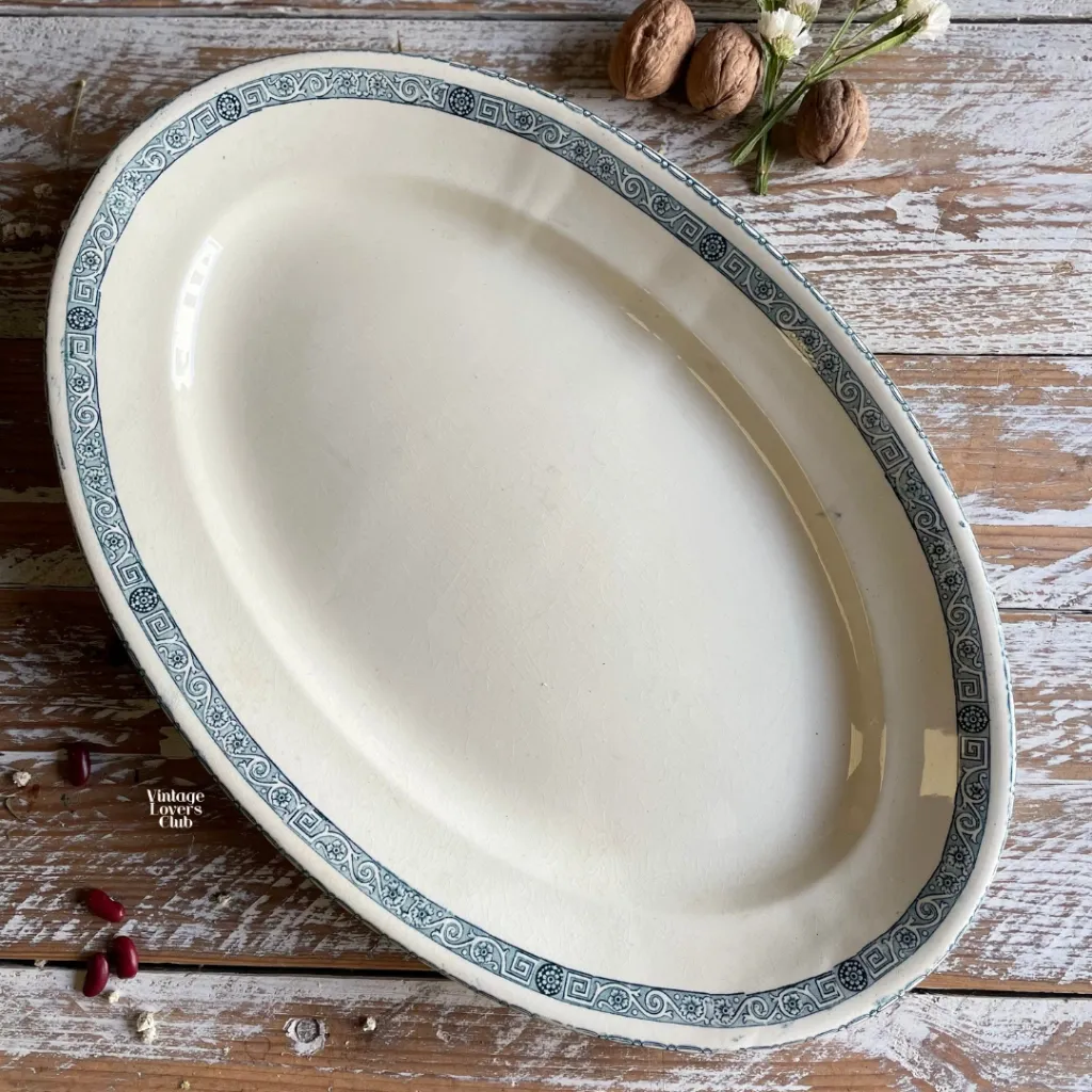 Oval Ceramic Tray with Green Greek Key