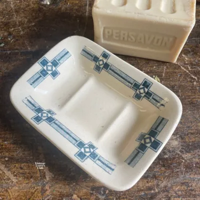 Terre de Fer Soap Dish with Teal Greek Key Pattern