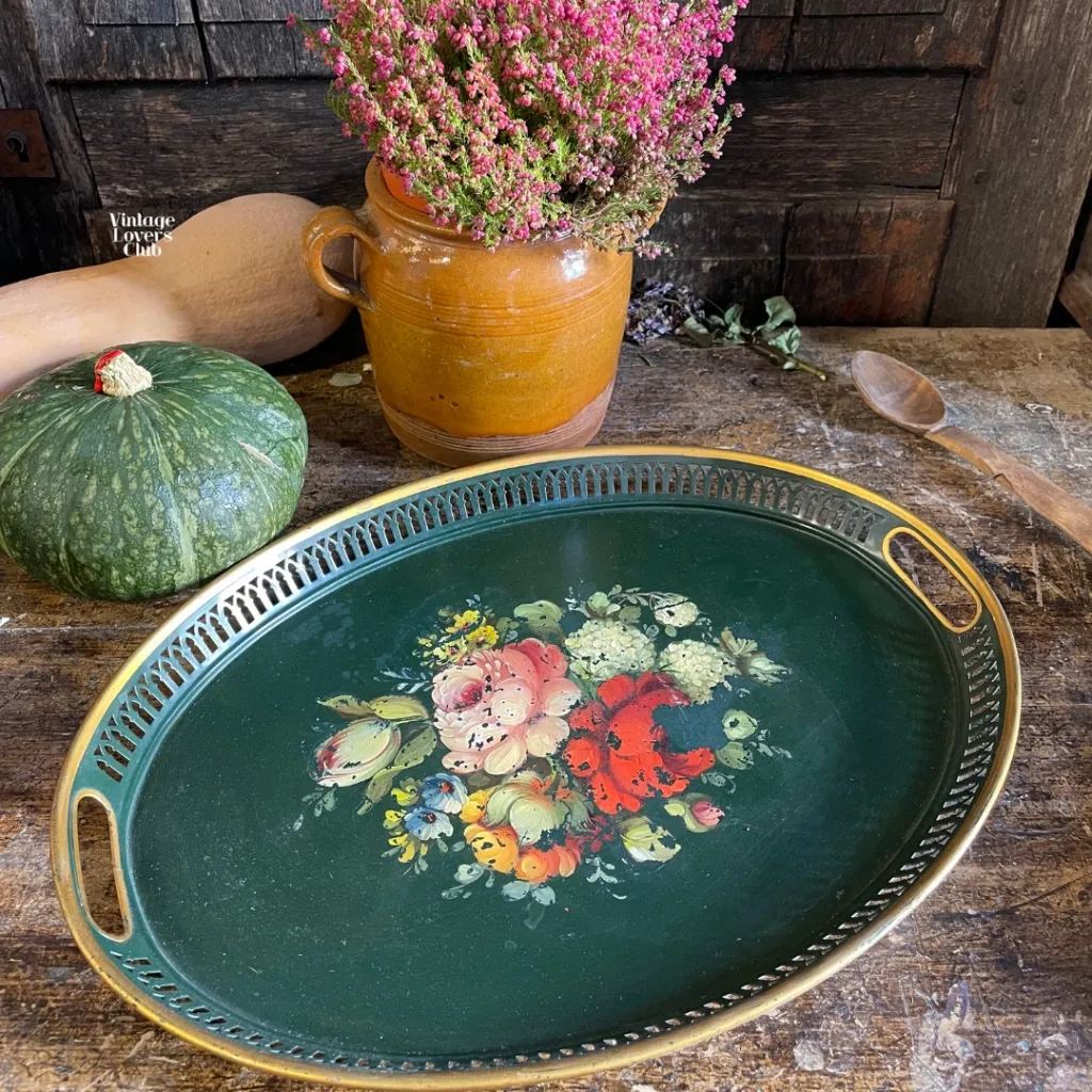 Charming Oval Enameled Tin Tray, Floral Design on Forest Green