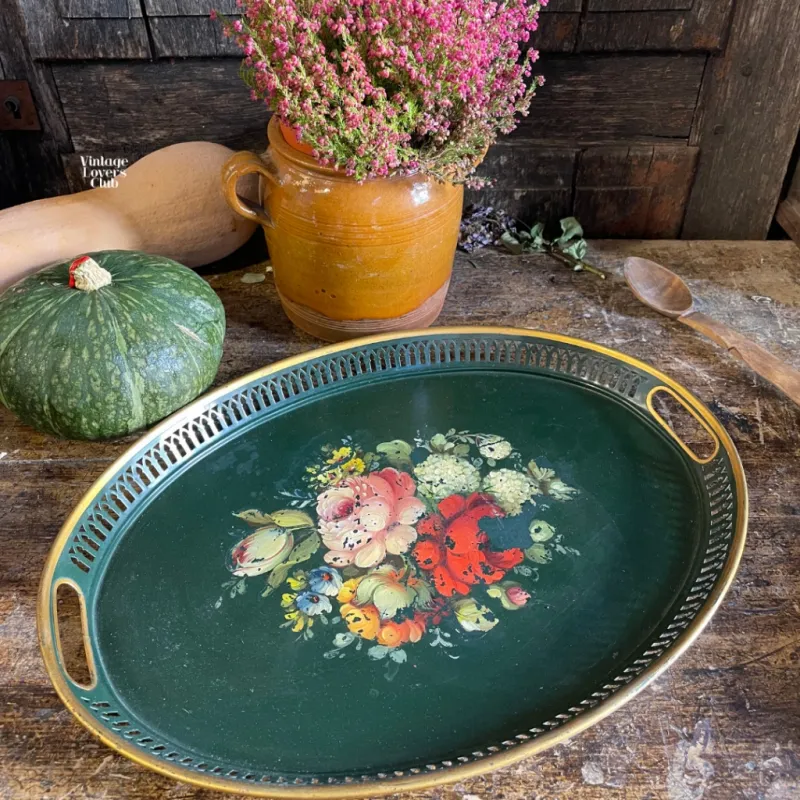 Charming Oval Enameled Tin Tray, Floral Design on Forest Green