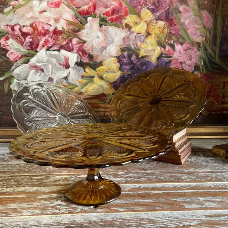 Vintage Amber Glass Raised Cake Stand