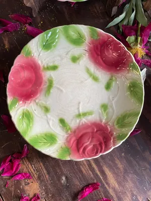 Set of 6 Barbotine Plates – Relief Rose Decoration