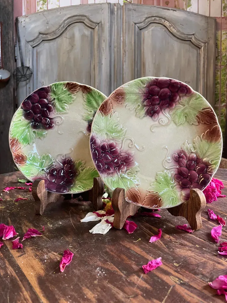 Pair of Barbotine Plates – Grape Cluster Decoration