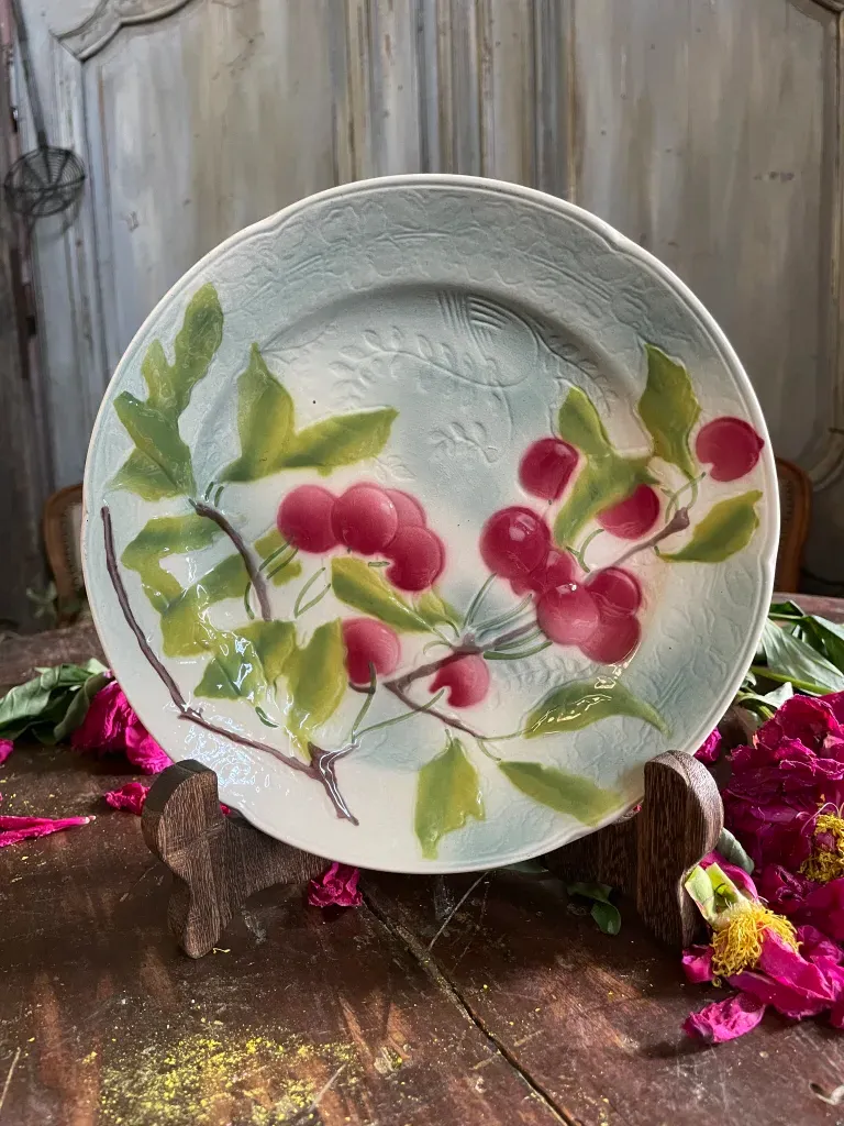 Barbotine Plate Saint-Clément – Cherry Branch Decoration