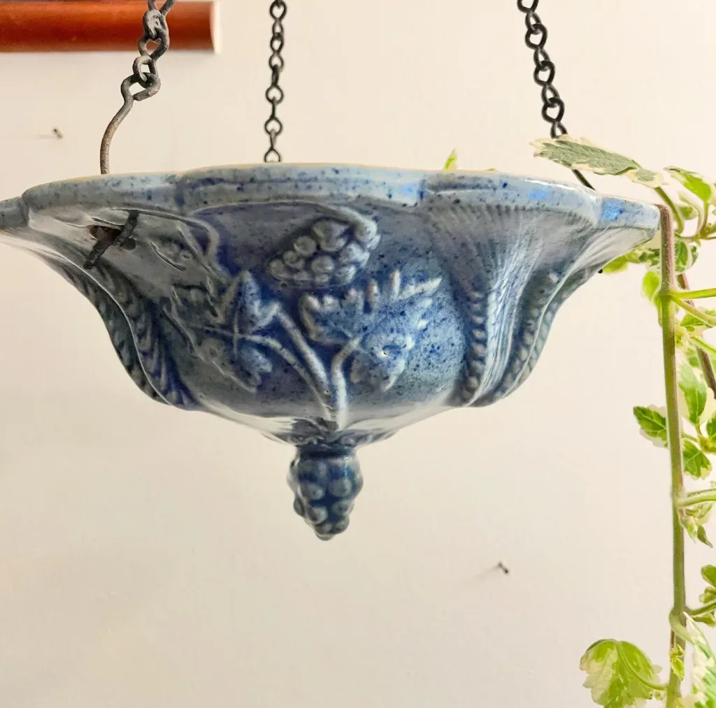 Blue Glazed Ceramic Hanging Planter – Grape Cluster Decoration