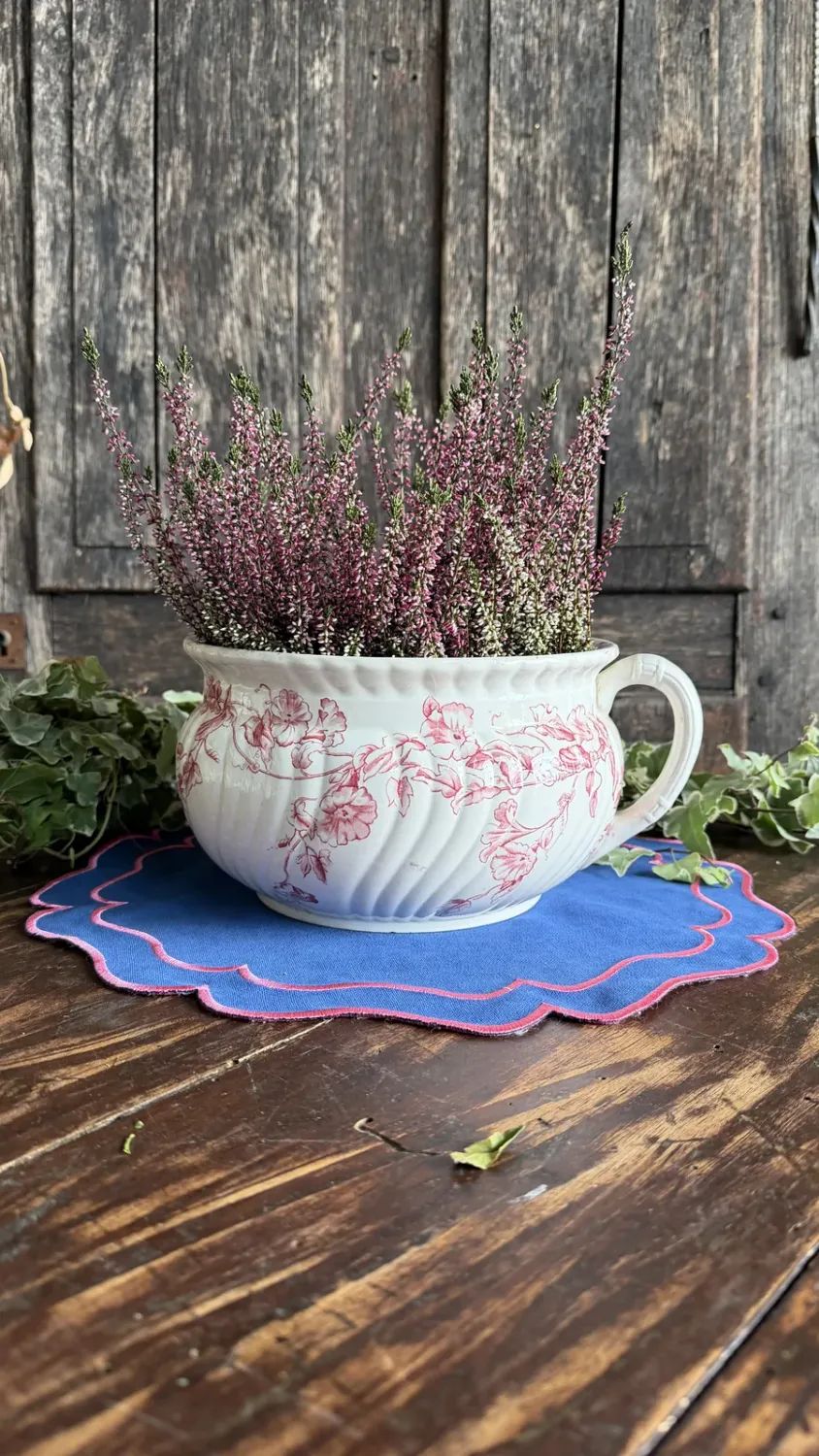 Ironstone Convolvulus chamber pot filled with heather