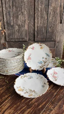 The stack of twelve Limoges plates on the wooden table
