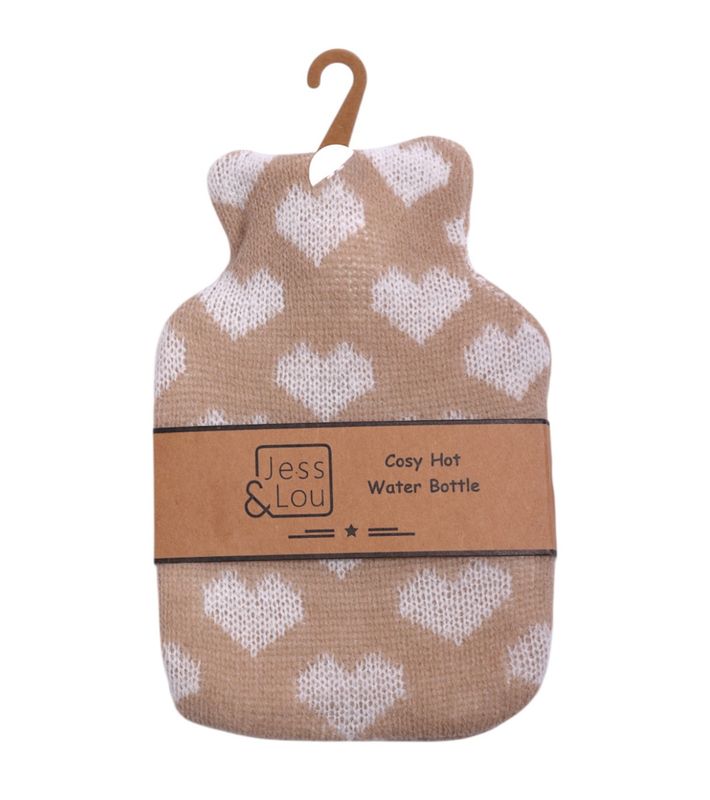 Taupe & White Heart Mini Hot Water Bottle.