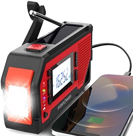 FosPower 2000mAh NOAA Emergency Weather Radio (Model D4) Portable Power Bank Solar Charging, Hand Crank &amp; Battery Operated, LCD Display, SOS Alarm, AM/FM/WB &amp; Flashlight