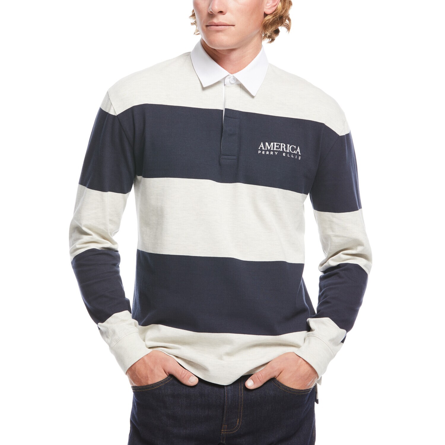 PERRY ELLIS MEN KNITTED STRIPED L/S POLO T-SHIRT EHSK7009-110