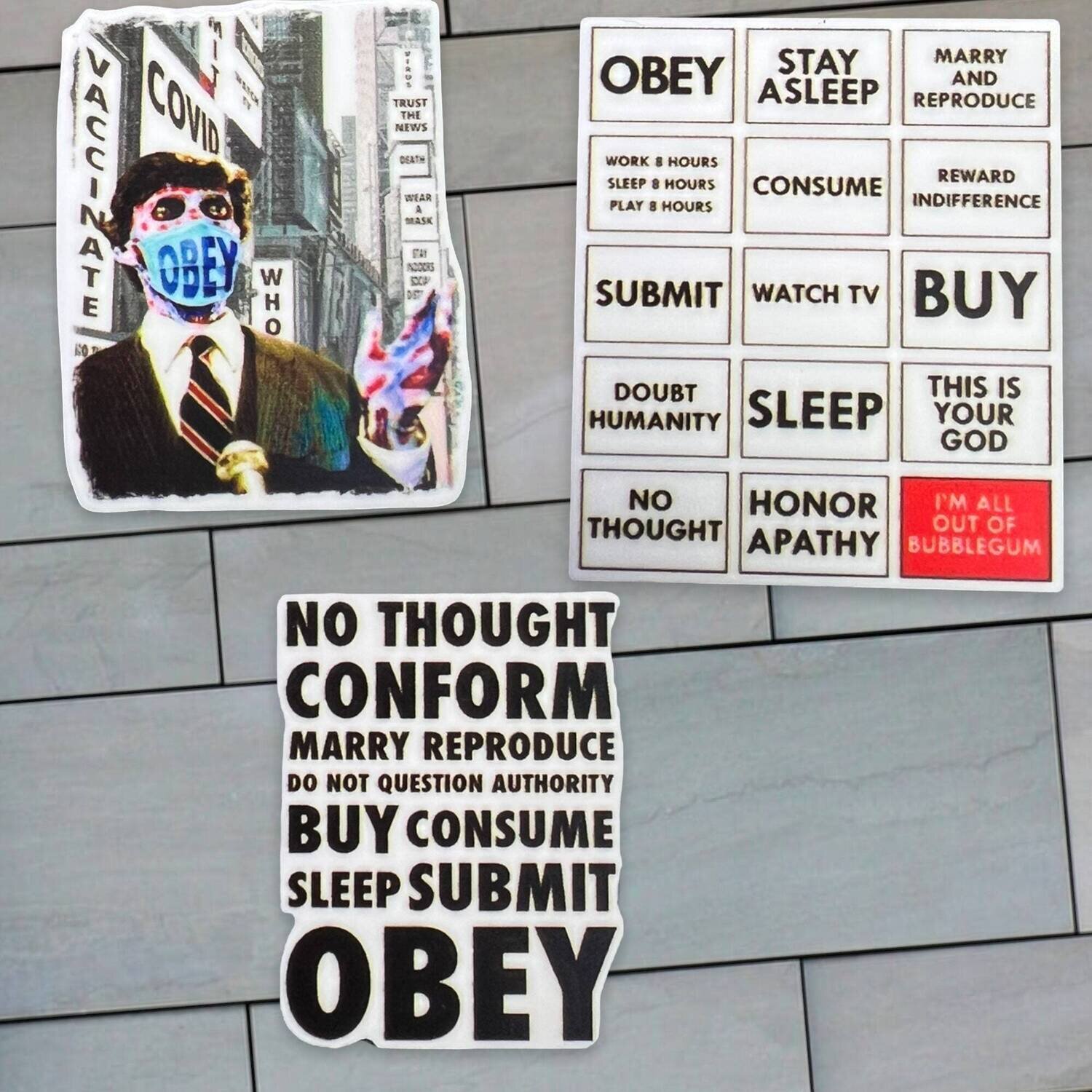 Set Of 3 - They Live - Conform - Sleep - Obey - Sheep - Acrylic - Needle Minder - Pin - Magnet