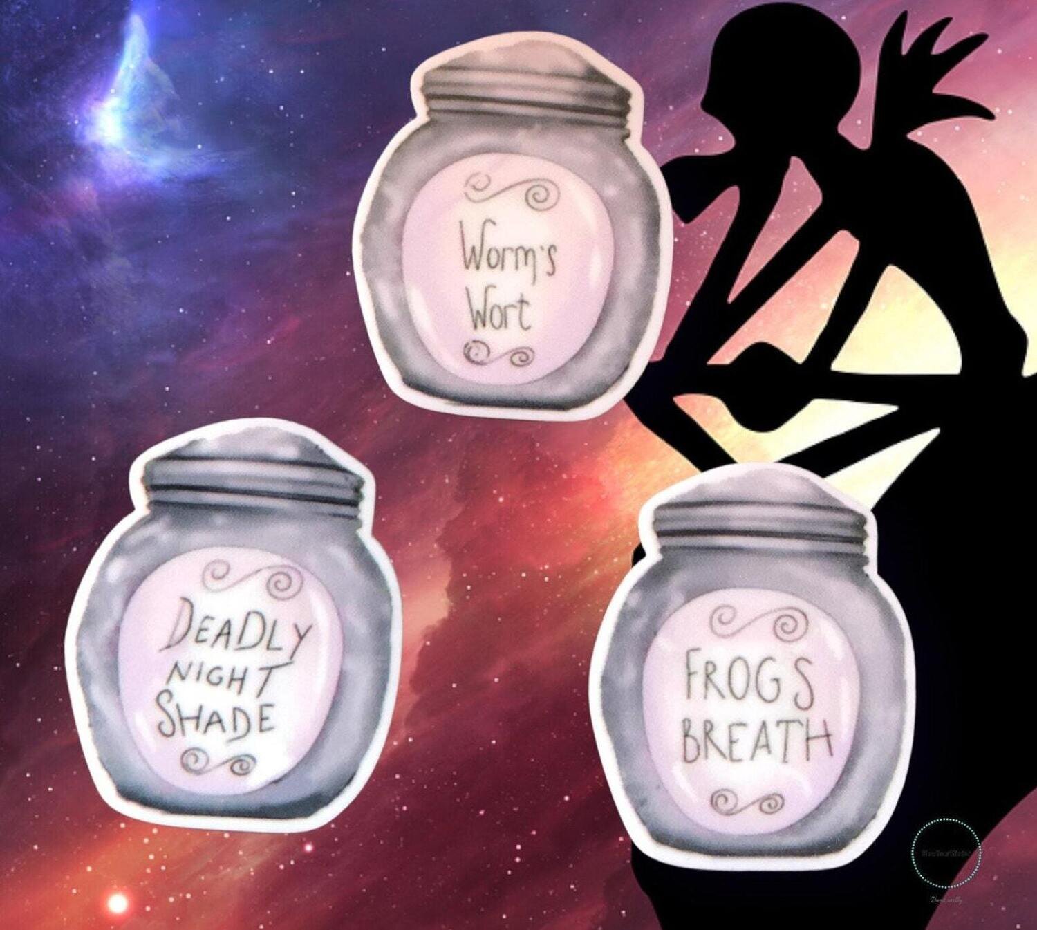 Set Of 3 - Worms Wart - Deadly Night Shade - Frogs Breathe - Nightmare Before Christmas - Movie - Acrylic - Needle Minder - Pin - Magnet