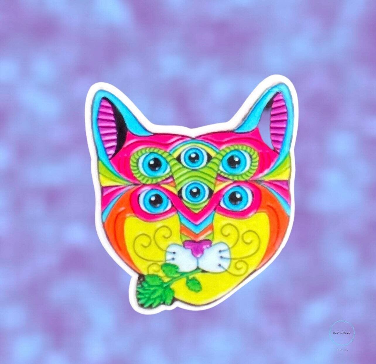 Psychedelic Cat - Kitty - 6 Eye - Acrylic - Needle Minder - Pin - Magnet