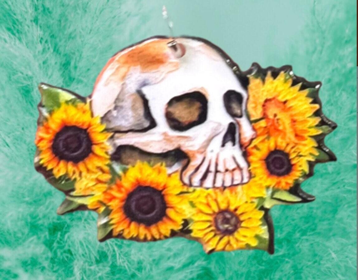 Sunflower Skull - Charm - Acrylic - Minder - Needle - Pin - Magnet