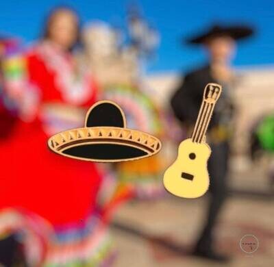 Set Of 2 Pins - Guitar - Sombrero - Mexican - Spanish
