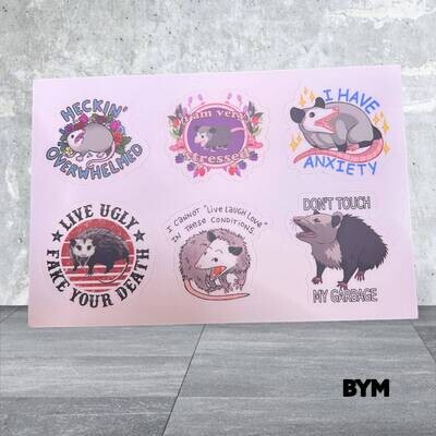 Opossum Set of 6 Stickers - Anxiety - Heckin Overwhelmed - Very Stressed - Fake Your Death - Live Laugh Love - Don’t Touch My Garbage