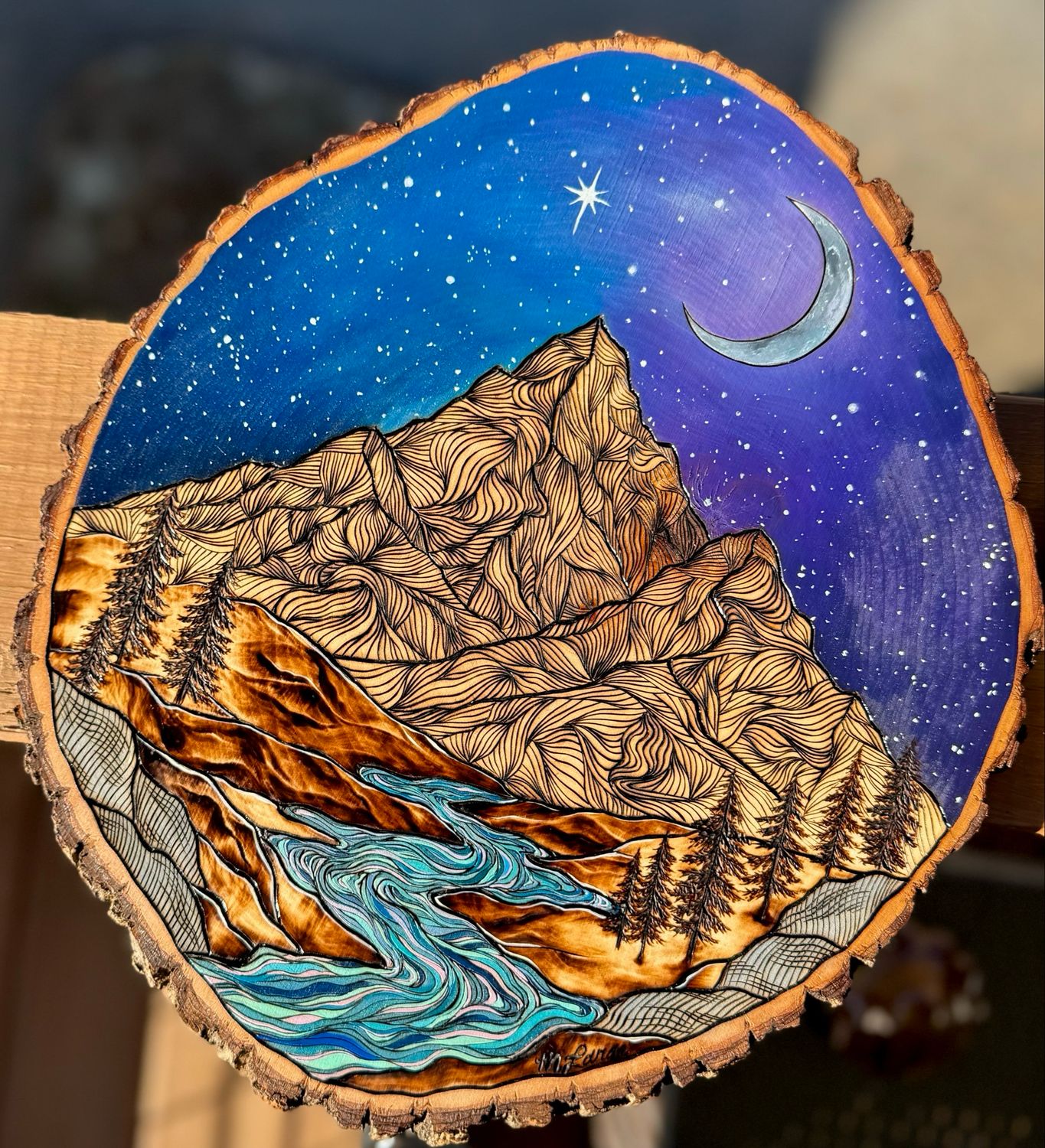 “Mountain River Moonlight” Pyrography &amp; Gouache Original