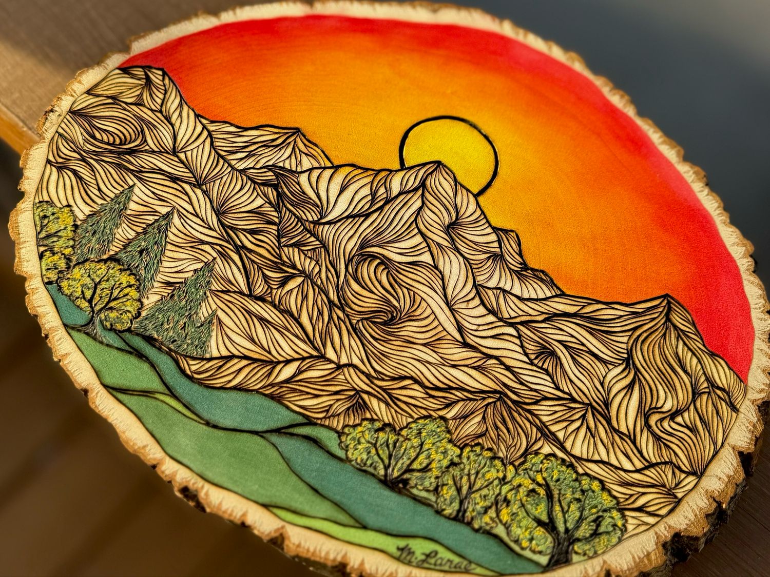 “Mountain Sunrise” Pyrography &amp; Gouache Original