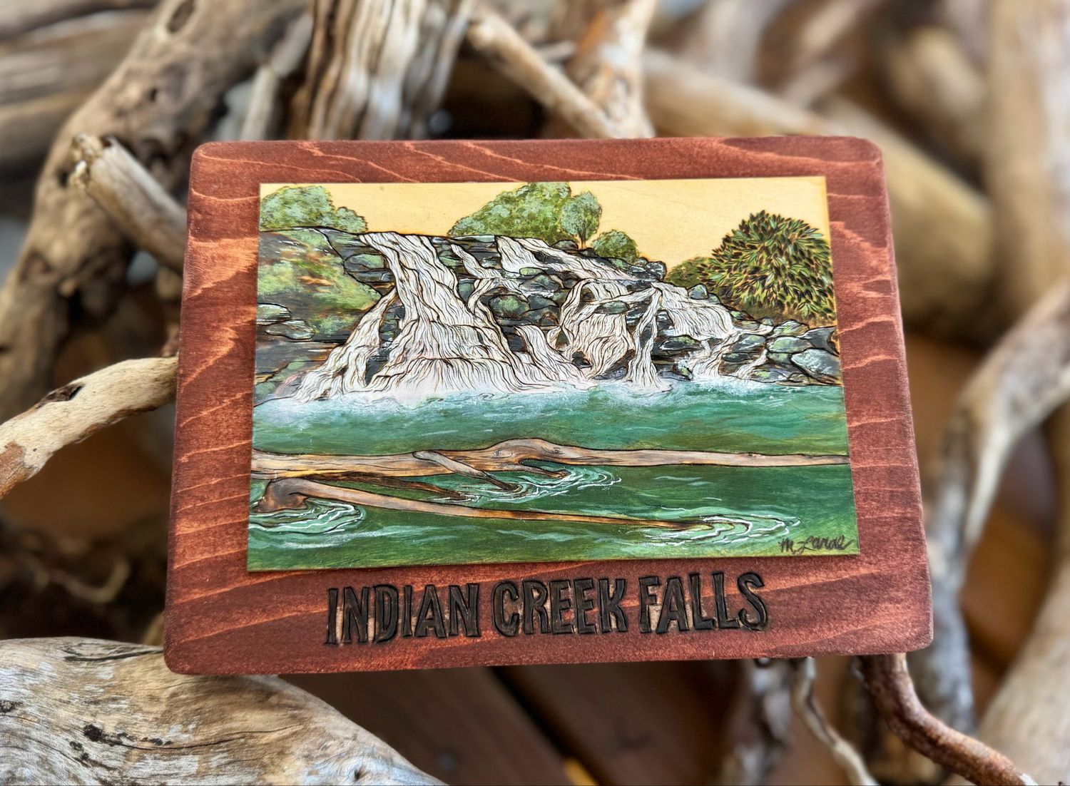 “Indian Creek Falls” Pyrography &amp; Gouache Original