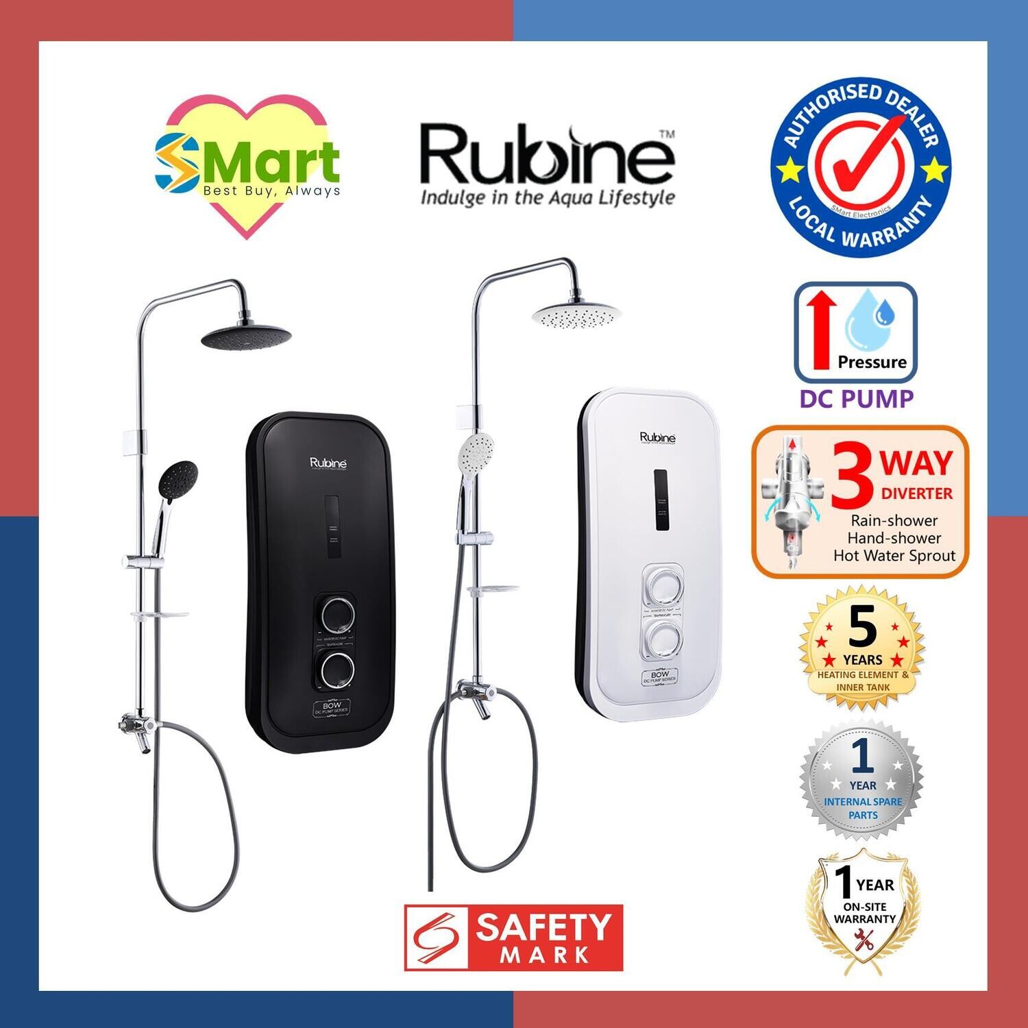 Rubine Instant Water Heater with Rainshower &amp; DC Pump [RWH-3388] *Installation Available*