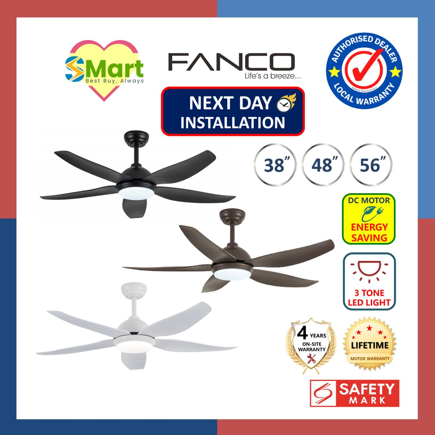 Fanco Galaxy-5 DC Motor Ceiling Fan with 3 Tone LED Light &amp; Remote Control