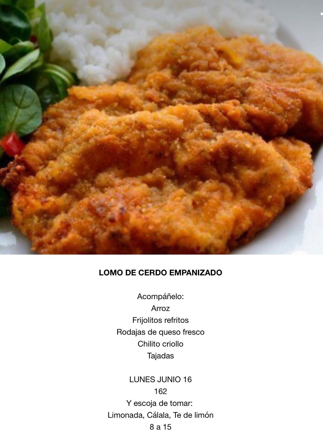 LUNES JUNIO 16, Tipo: Lomo de cerdo empanizado