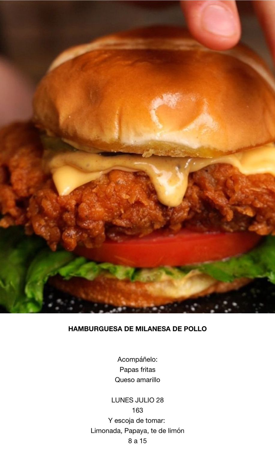 LUNES JULIO 28, Tipo: Hamburguesa de milanesa de pollo