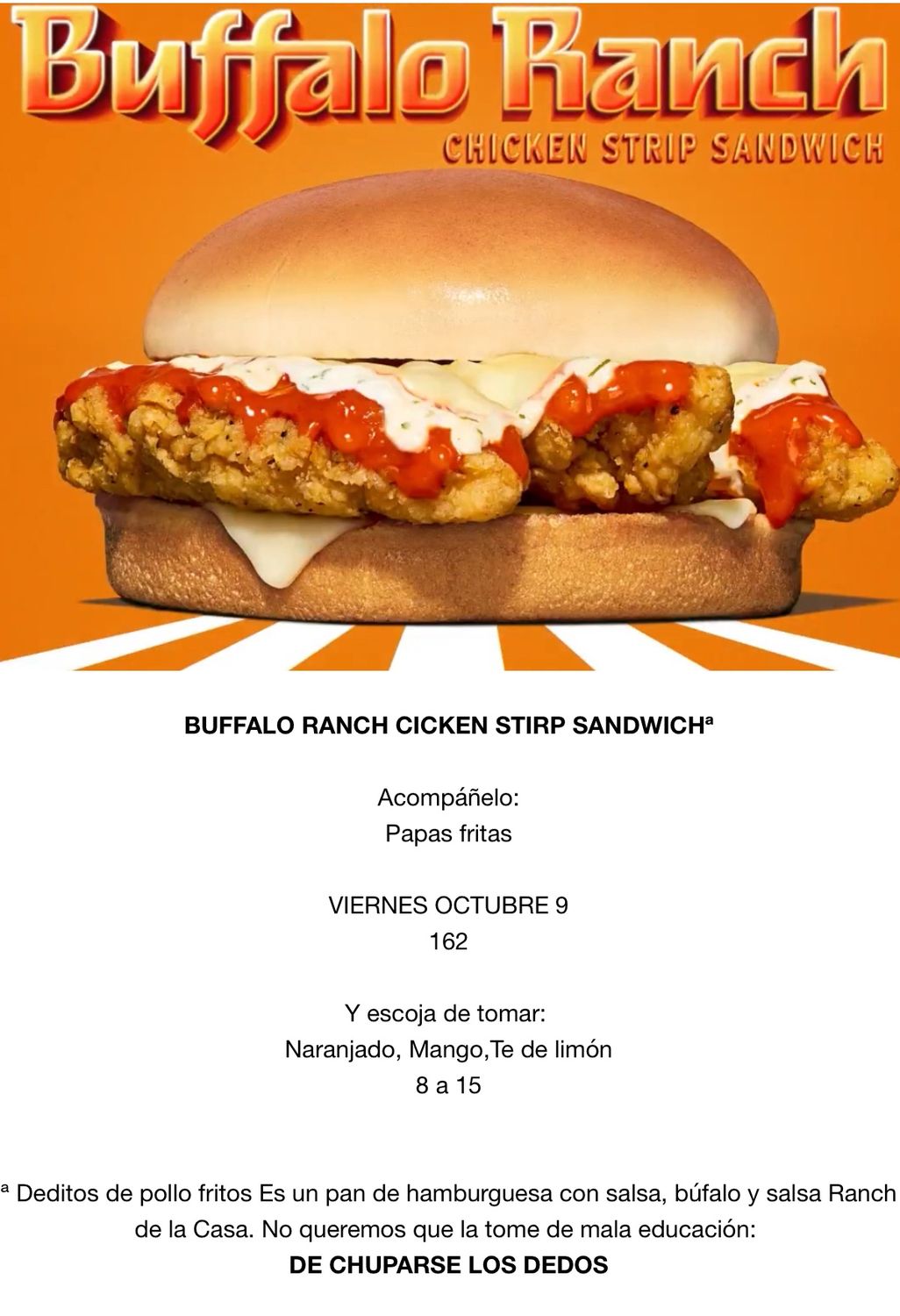 VIERNES OCTUBRE 10, Tipo: Buffalo Ranch Chicken Strips