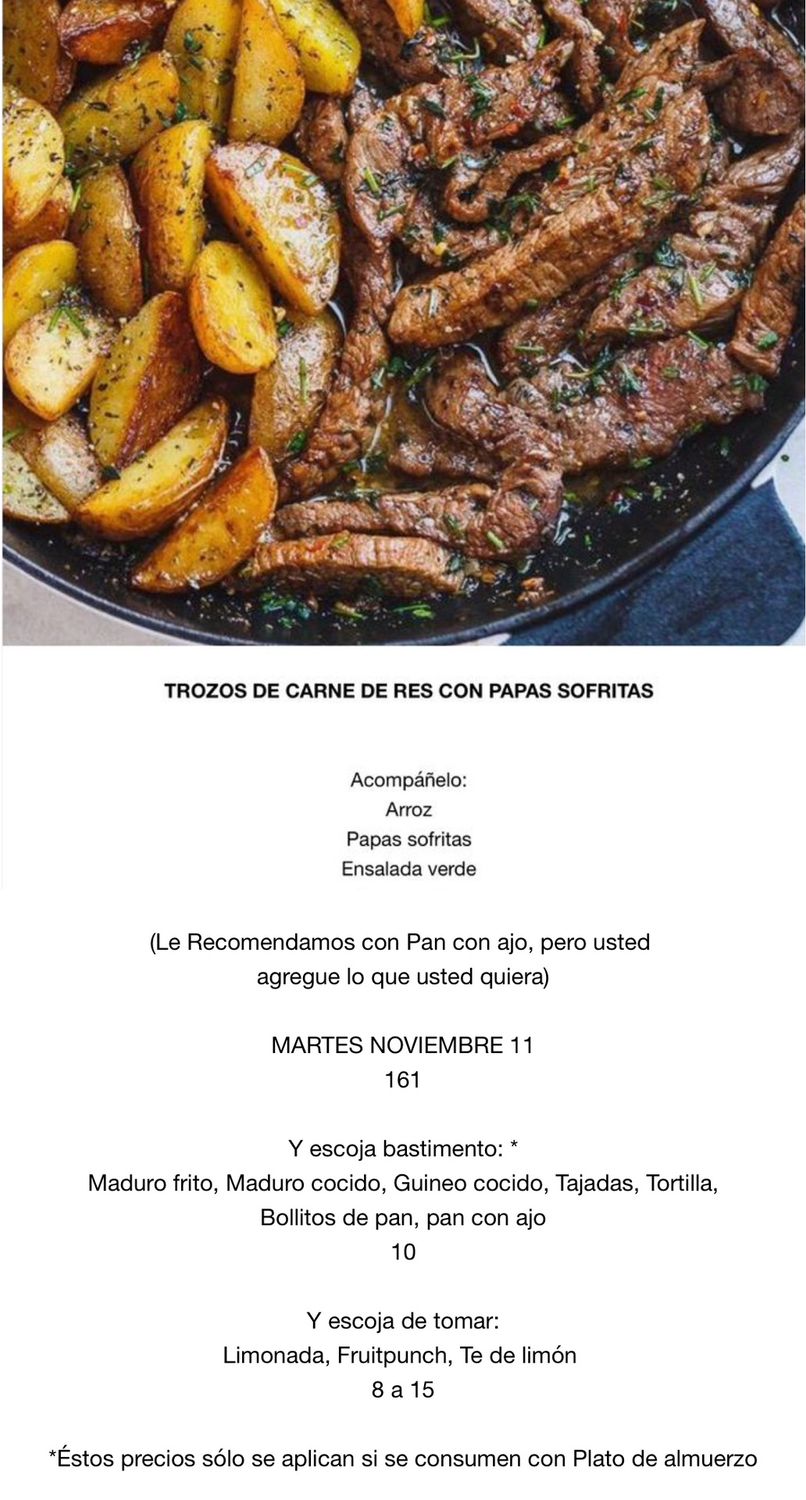 MARTES NOVIEMBRE 11, Tipo: Carne de res con papas fritas