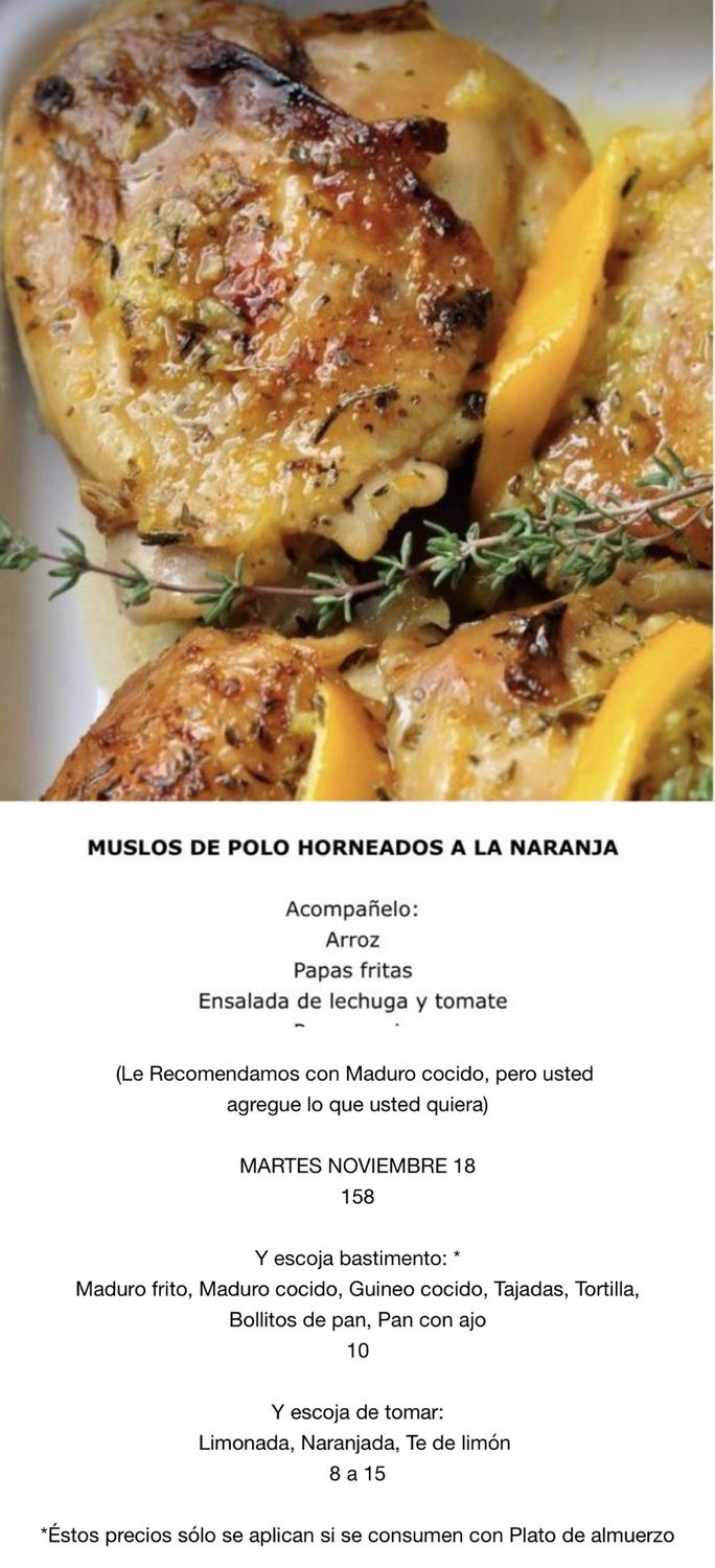 MARTES NOVIEMBRE 18, Tipo: Muslos de pollo a la naranja