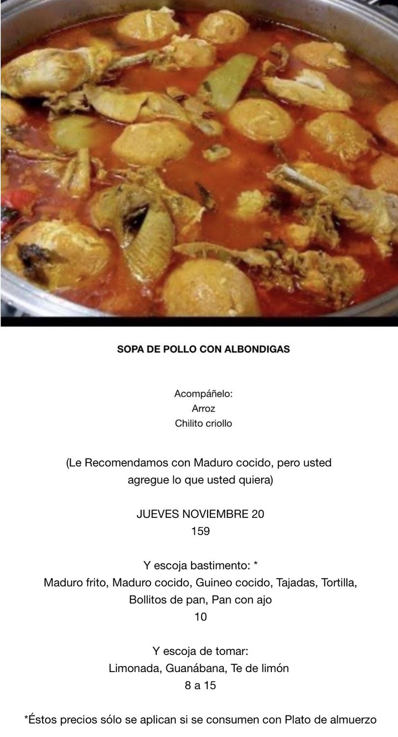 JUEVES NOVIEMBRE 20, Tipo: Sopa de albóndigas