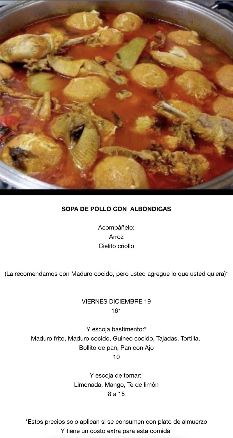 VIERNES DICIEMBRE 19, Tipo: Sopa de pollo con albóndigas
