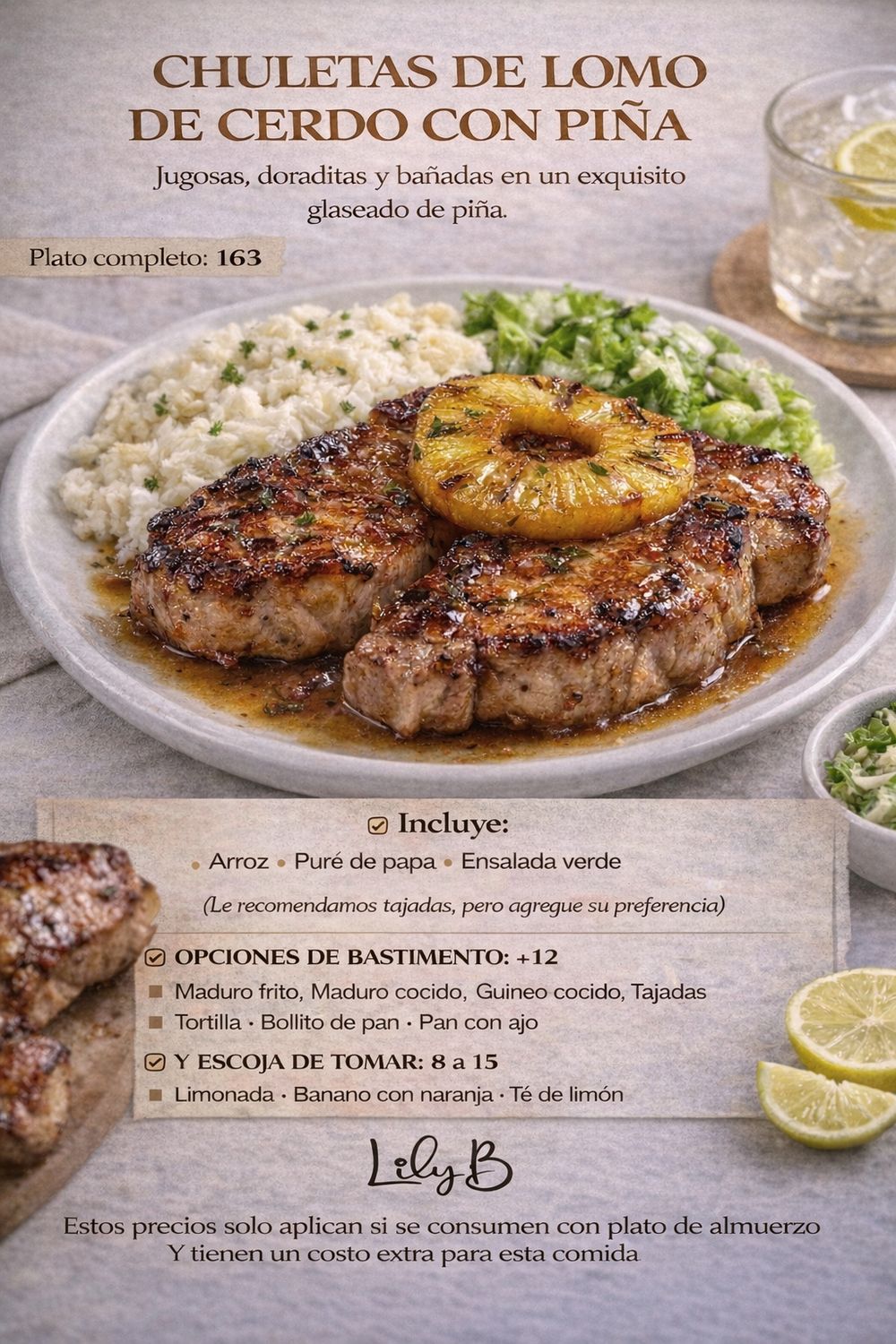 VIERNES ENERO 16, Tipo: Chuleta de lomo de cerdo con piña
