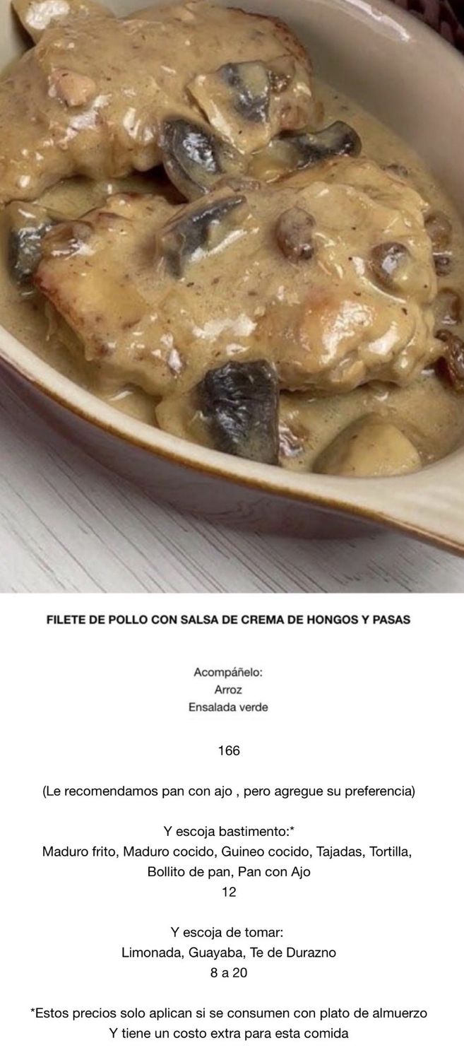 MARTES MARZO 24, Tipo: Filete de pollo con salsa de hongos